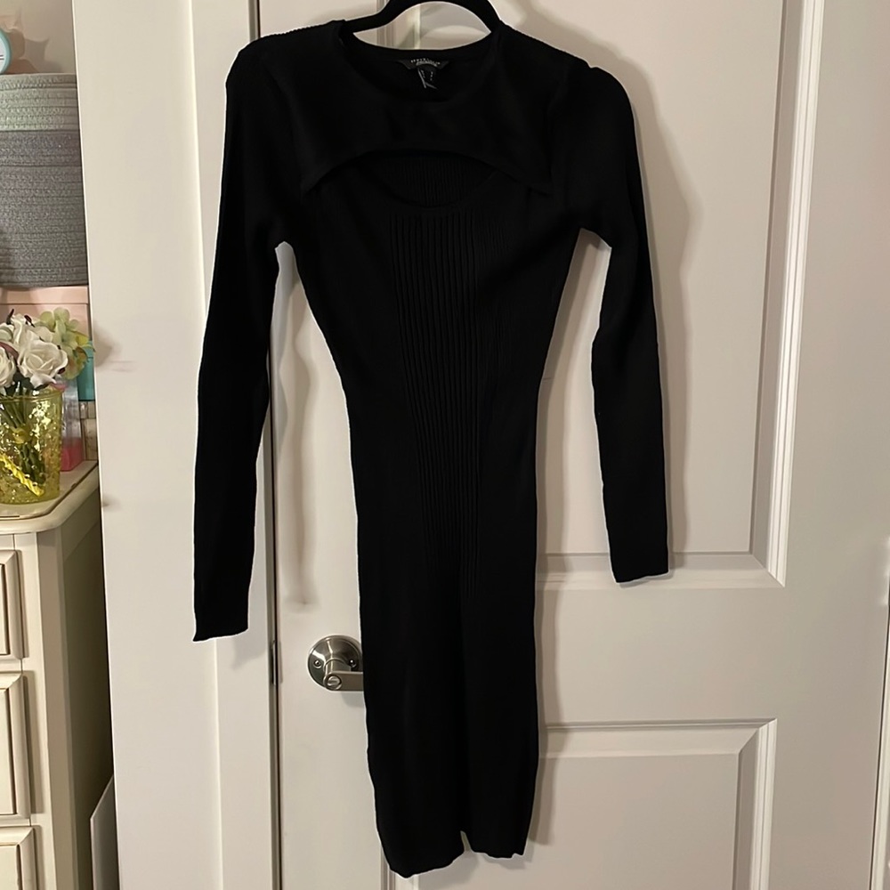 Black Thin Ribbed Peek-a-Boo Sweater Dress